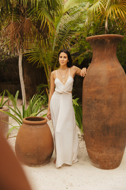 Z&L Europe Solid Gold Maxi Beach Dress in White with Gold