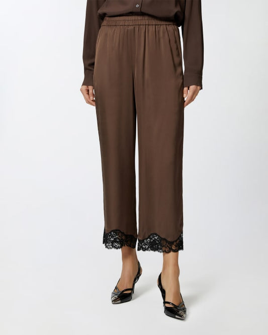 PINKO Pendolo Satin Palazzo Trousers with Lace Bottom in Brown