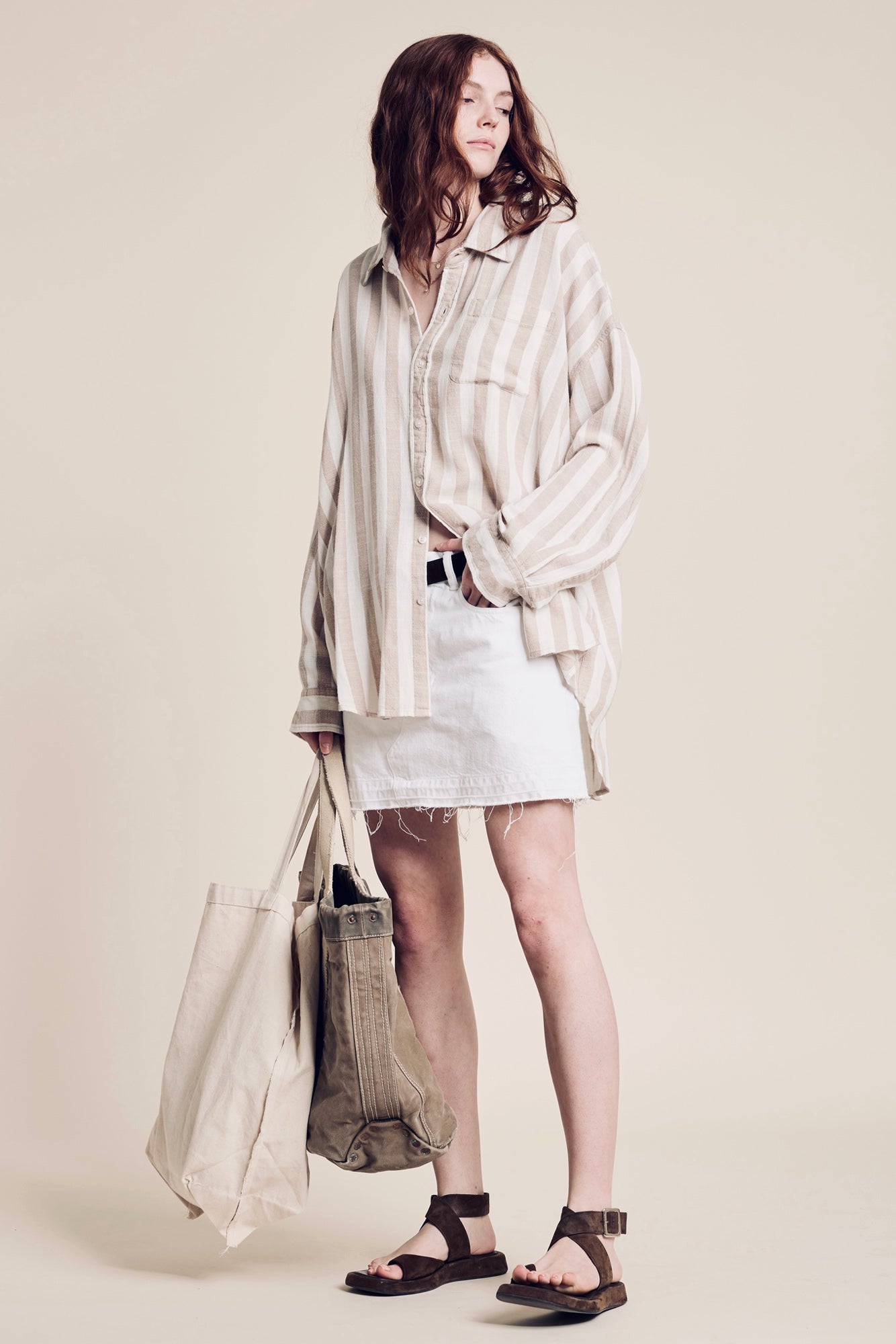 DENIMIST Button Front Shirt in Jumbo Beige/Ecru Stripe