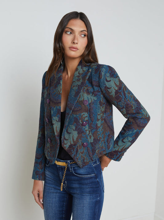 L'AGENCE Lila Jacquard Blazer in Teal Multi Jacquard