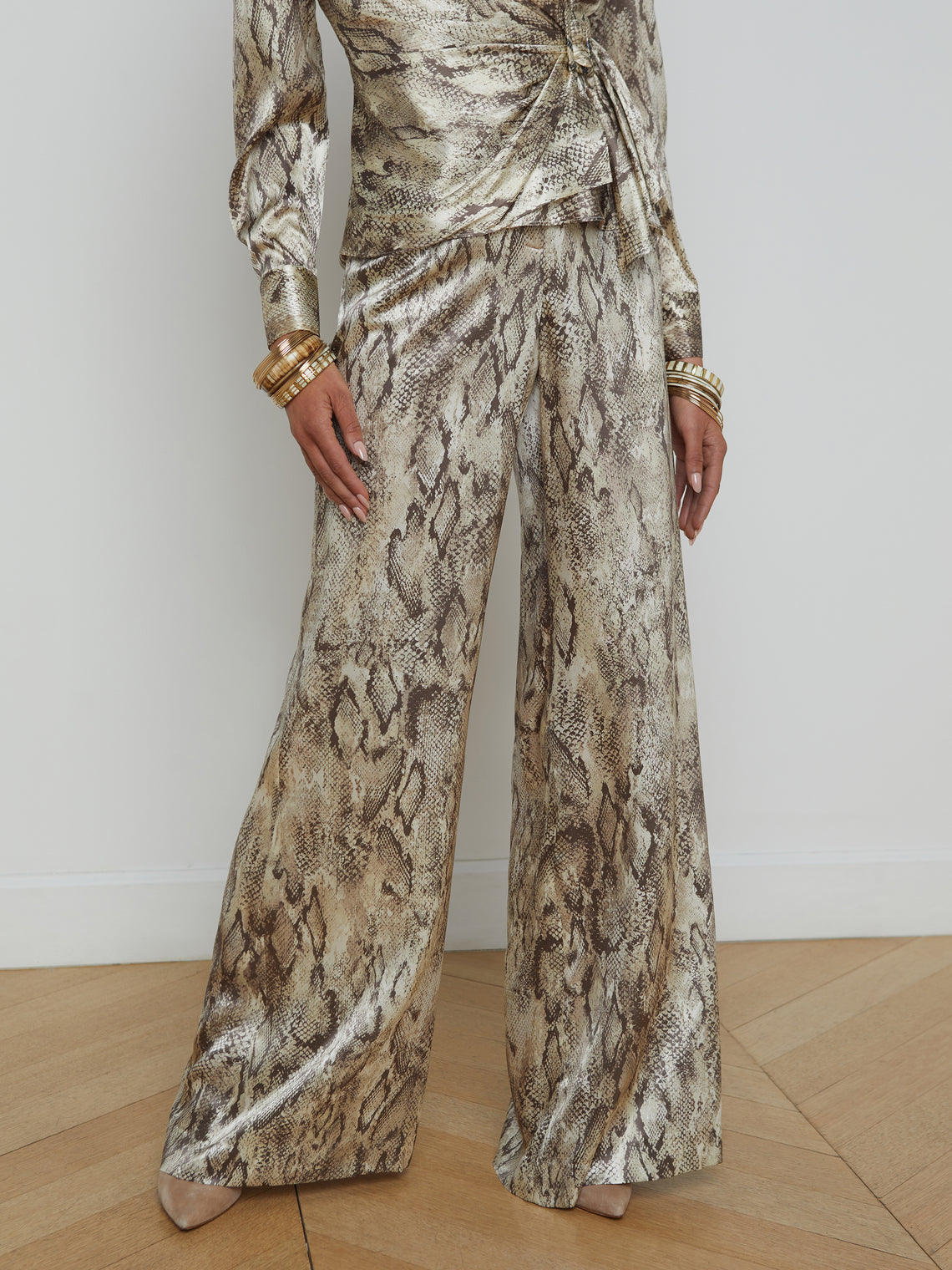 L'AGENCE Pilar Silk Wide-Leg Pant in Tan Multi Snake