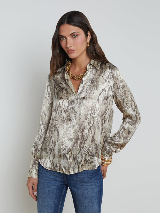 L'AGENCE Tyler Silk Blouse in Tan Multi Snake