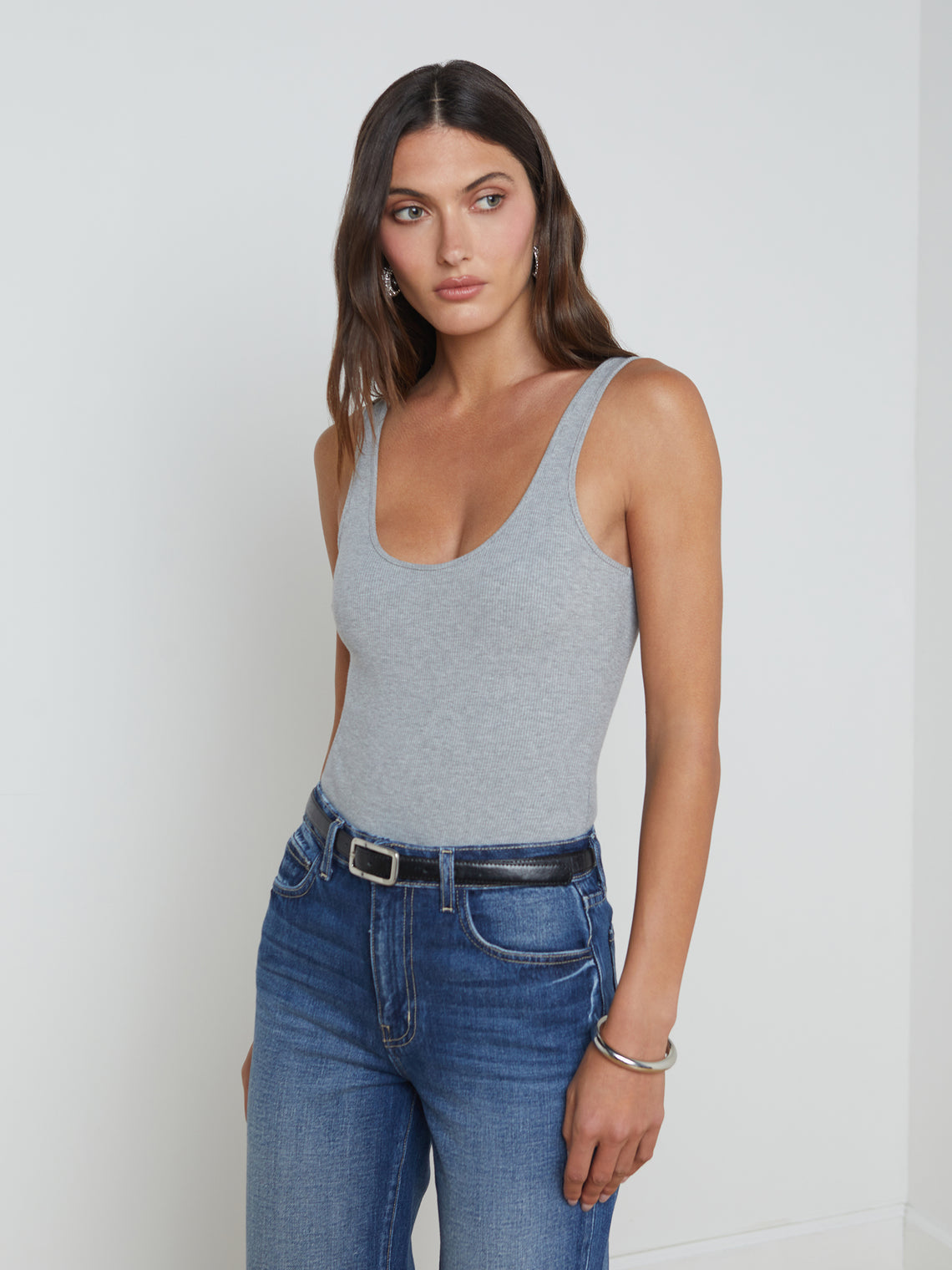 L'AGENCE Nica Scoopneck Bodysuit in Heather Grey