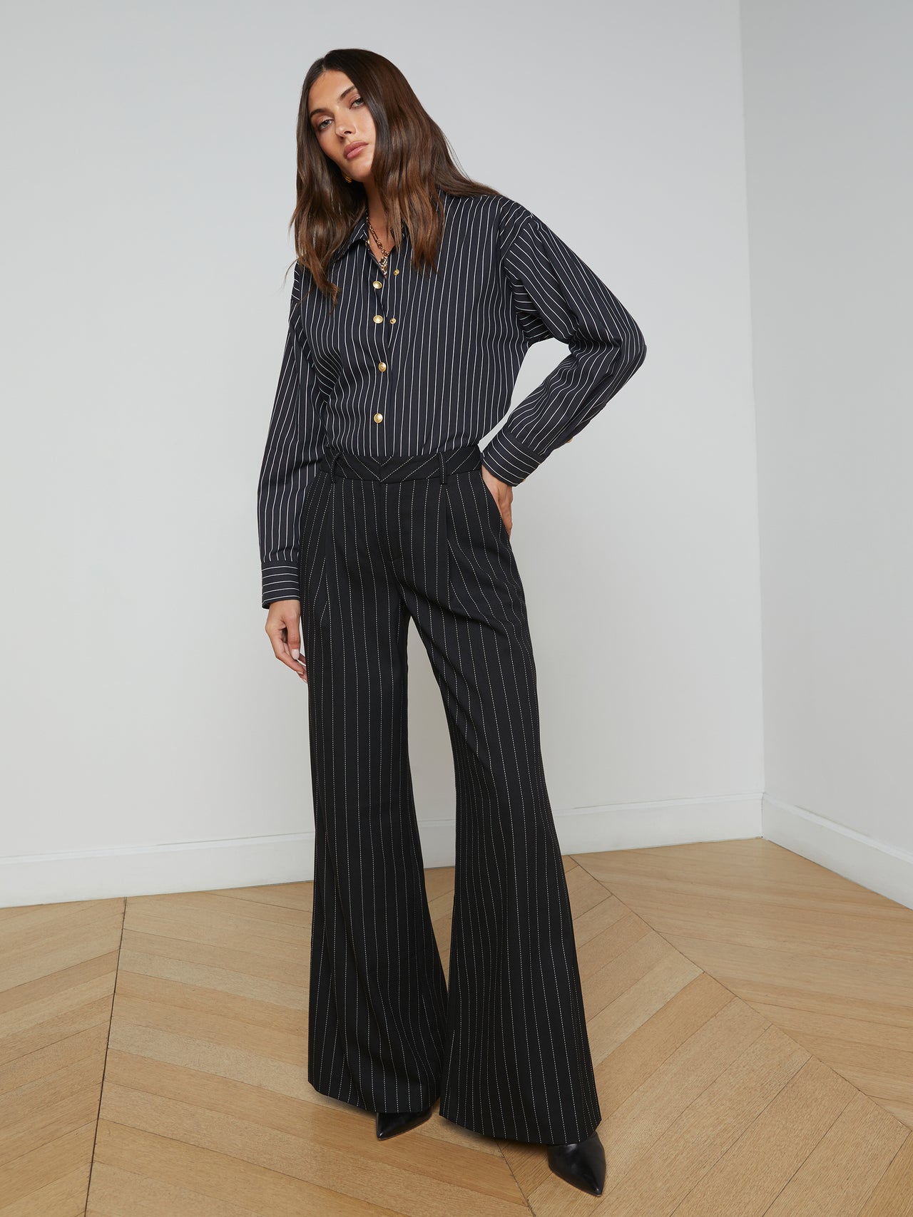 L'AGENCE Allanah Pinstriped Trouser in Black/Ecru