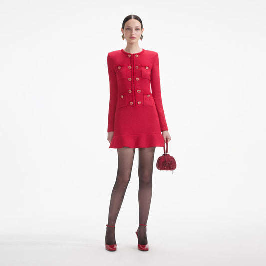 self-portrait Knit Heart Buttoned Mini Dress in Red