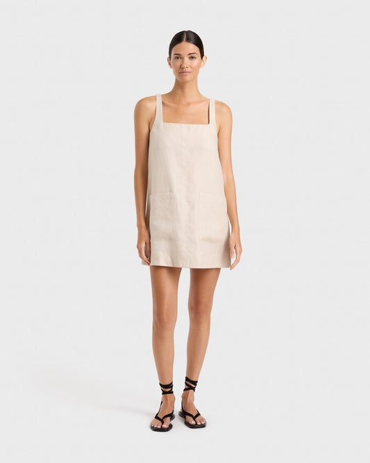 Bondi Born Delphi Linen A-Line Mini Dress in Sand