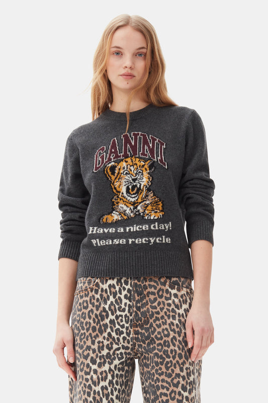 GANNI Graphic Tiger Sweater in Dark Grey Quill