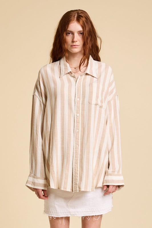 DENIMIST Button Front Shirt in Jumbo Beige/Ecru Stripe