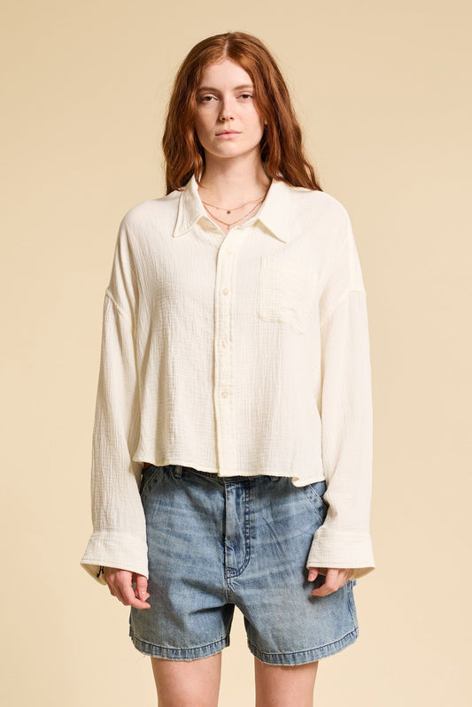 DENIMIST Cropped Button Front Shirt in Ecru Gauze