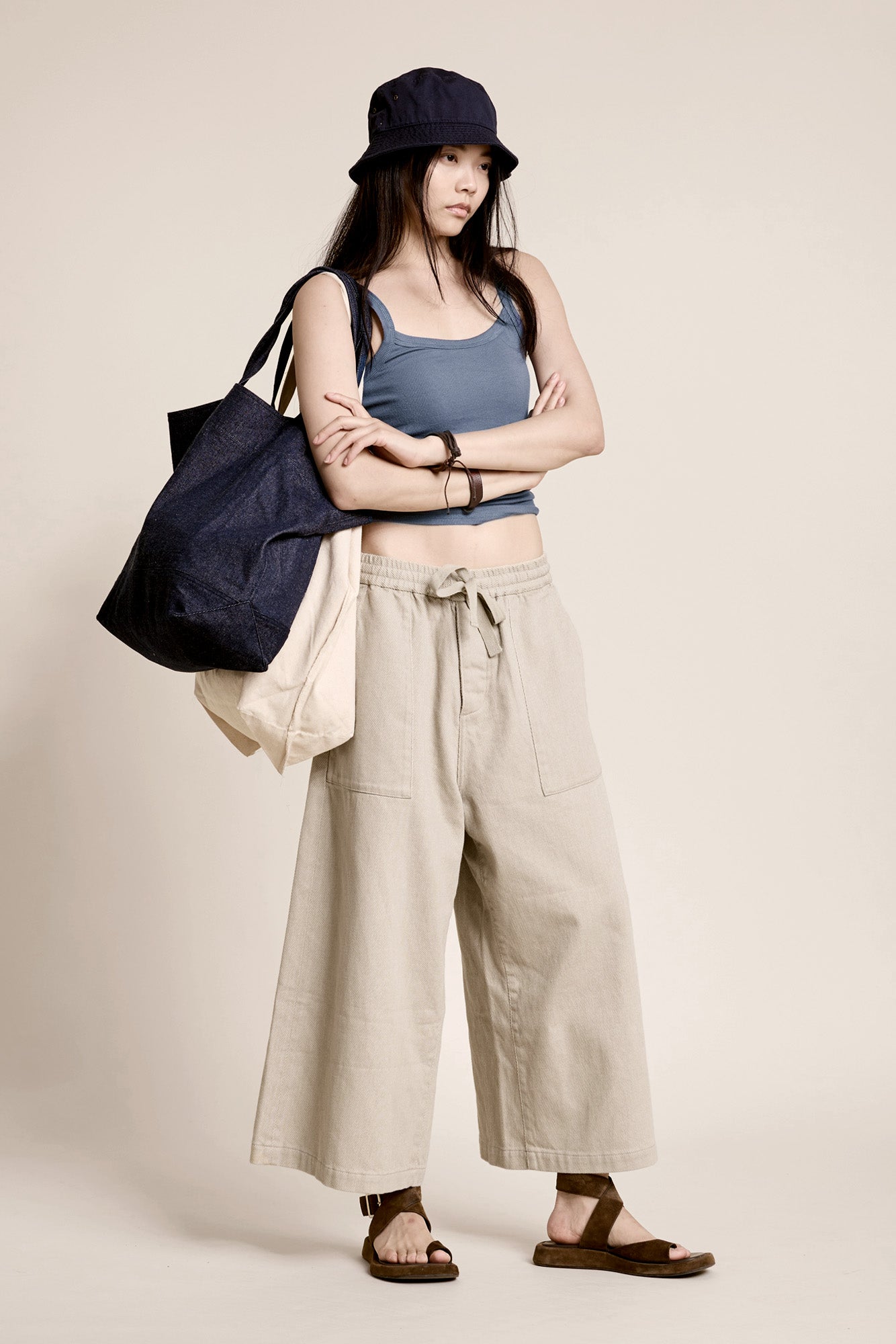 DENIMIST Palazzo Drawstring Utility Pant in Printed Light Sand