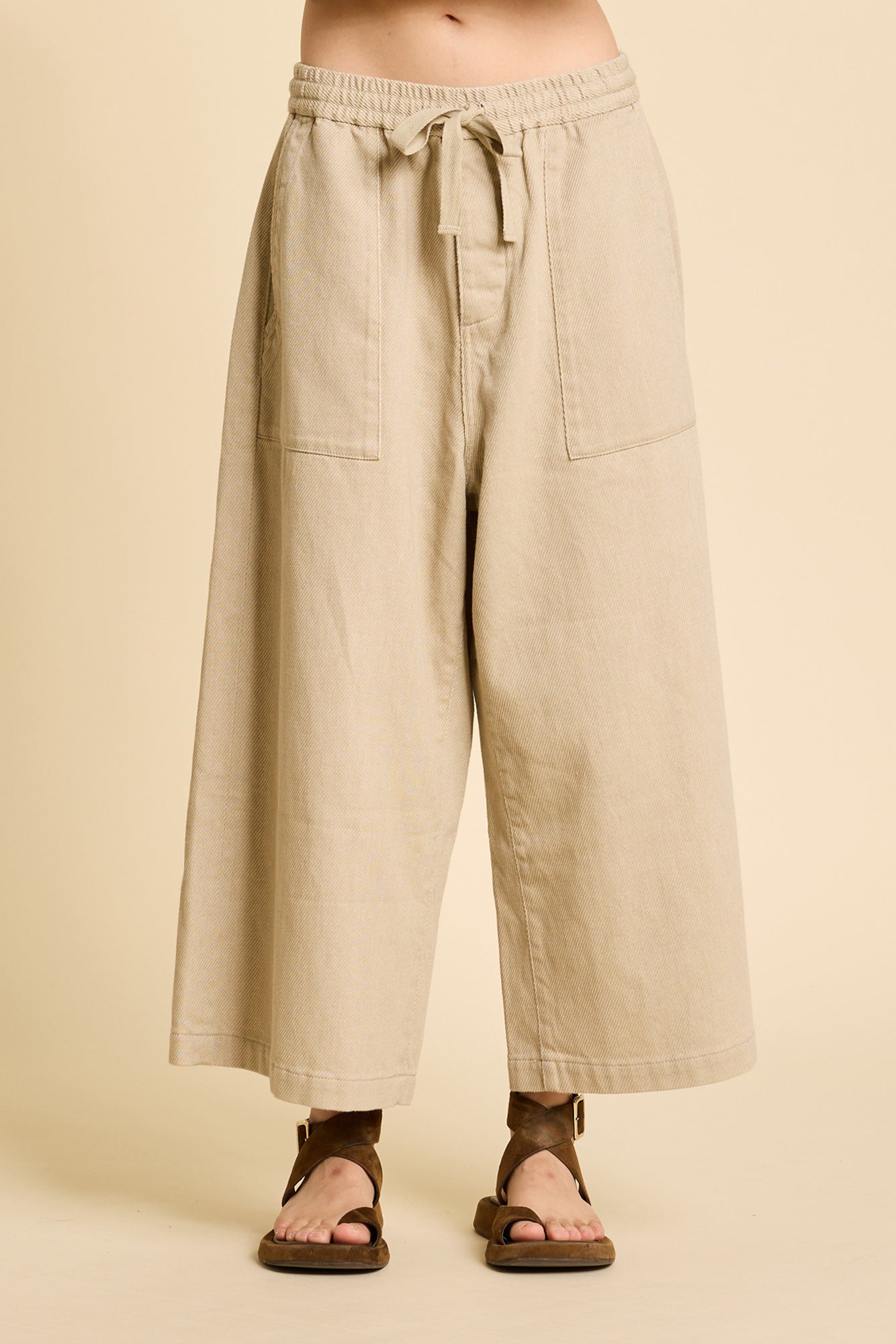 DENIMIST Palazzo Drawstring Utility Pant in Printed Light Sand