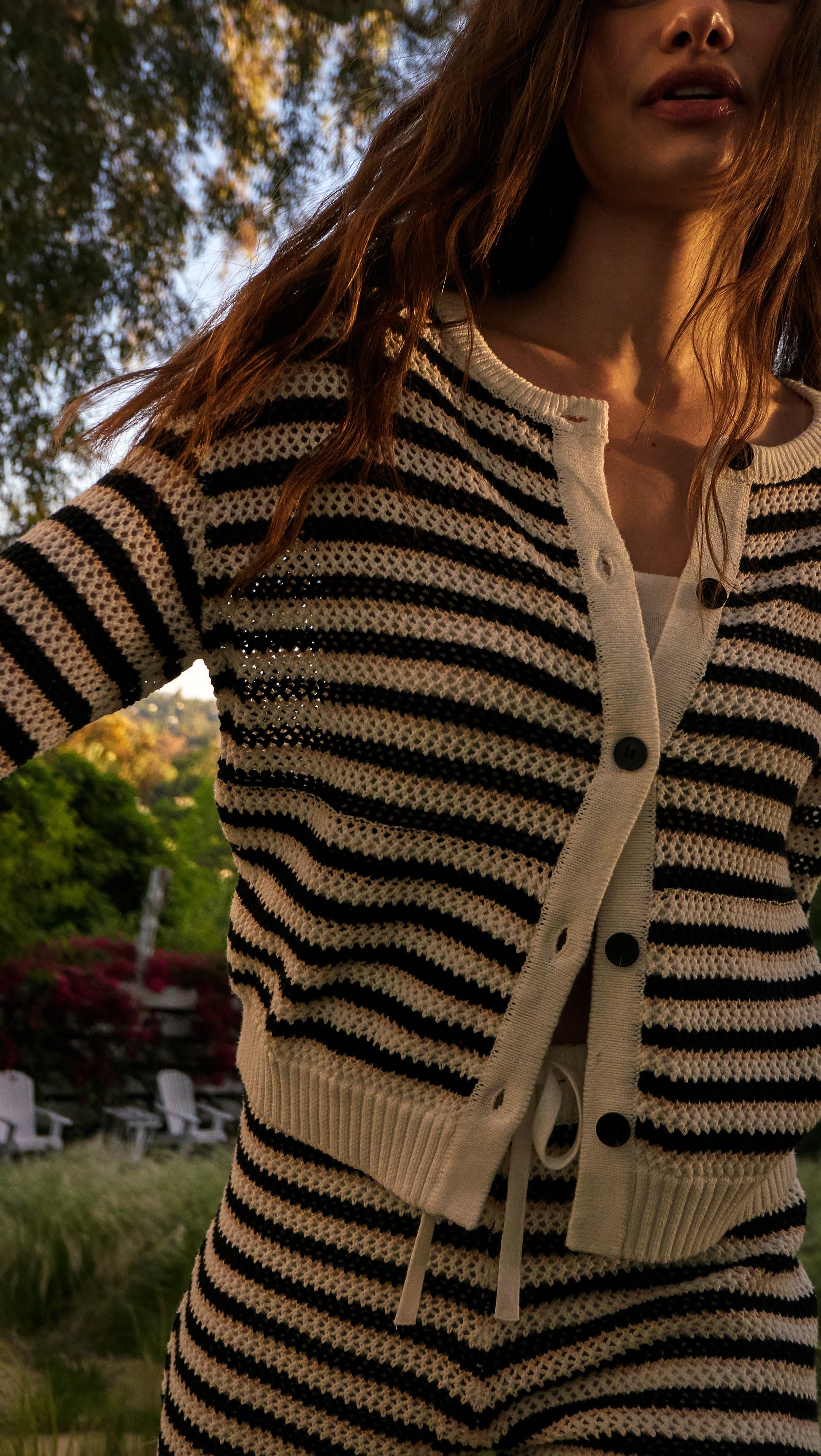 MONROW Open Knit Cardigan in Ivory, Black, and Dusk