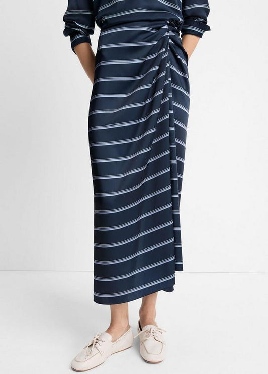 Vince. Rugby Stripe Satin Gathered Skirt in Coastal Blue/Slate