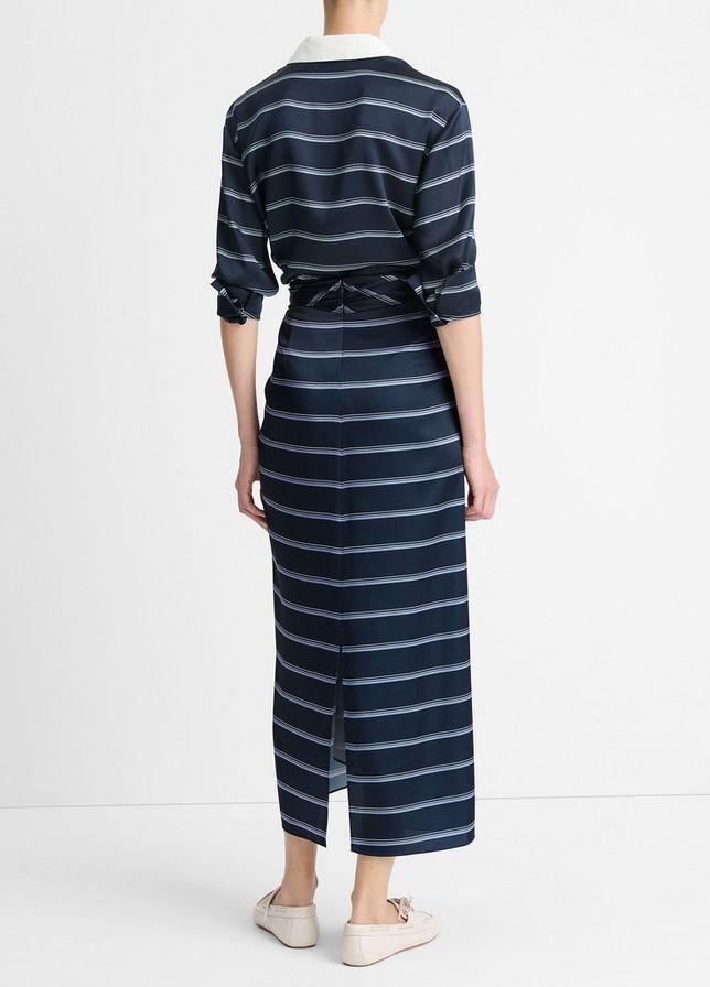 Vince. Rugby Stripe Satin Gathered Skirt in Coastal Blue/Slate