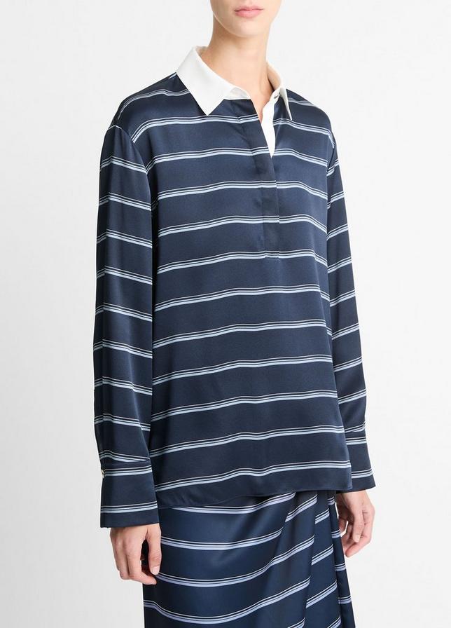 Vince. Rugby Stripe Silk Satin Shirt in Coastal Blue/Slate