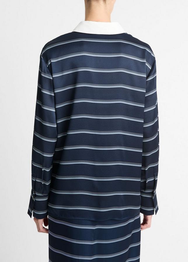 Vince. Rugby Stripe Silk Satin Shirt in Coastal Blue/Slate