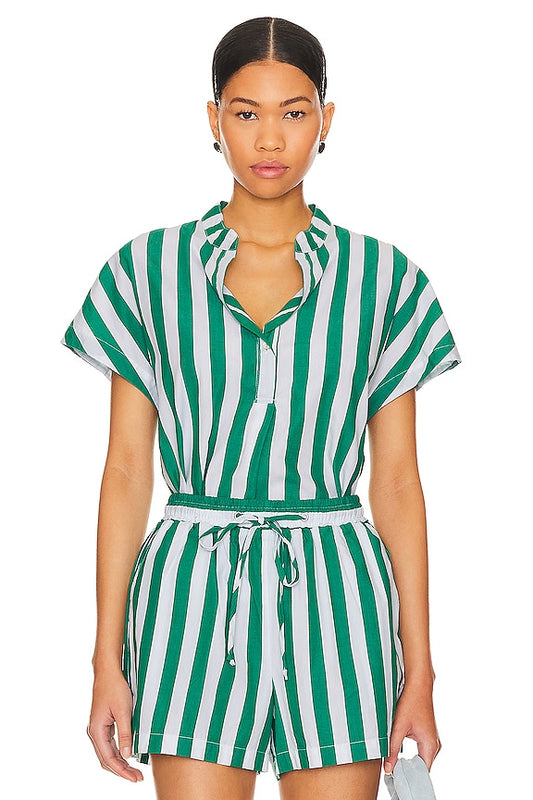 Sundry Popover Top in Green White Stripe