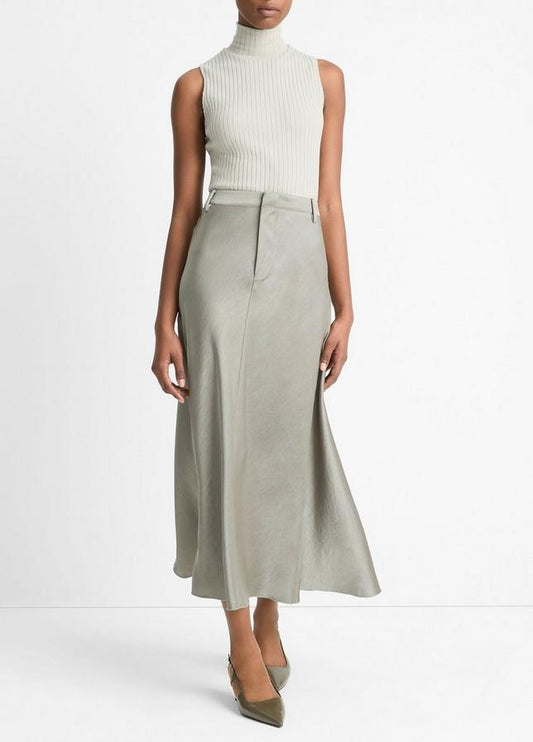 Vince. Satin A-Line Trouser Skirt in Smoky Moss