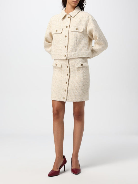 TWINSET Logo-engraved Buttons Tweed Skirt in Ivory Boucle