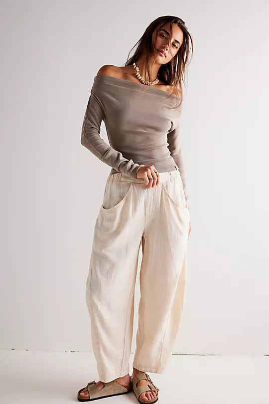 Free People High Road Washed Pull-On Barrel Pants in Birch