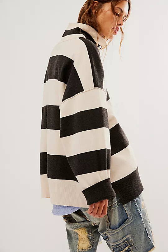 Free People Coastal Stripe Pullover in Carbon Champagne