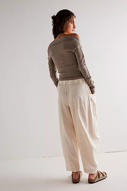 Free People High Road Washed Pull-On Barrel Pants in Birch