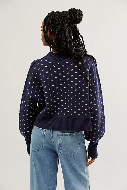 Free People Easy Street Patterned Crop Pullover in Navy Combo